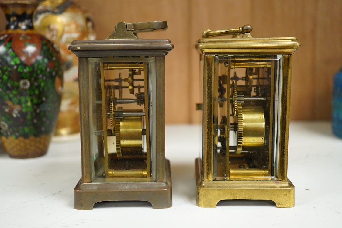 A brass carriage timepiece with alarm and one other, one with key, largest 15cm high